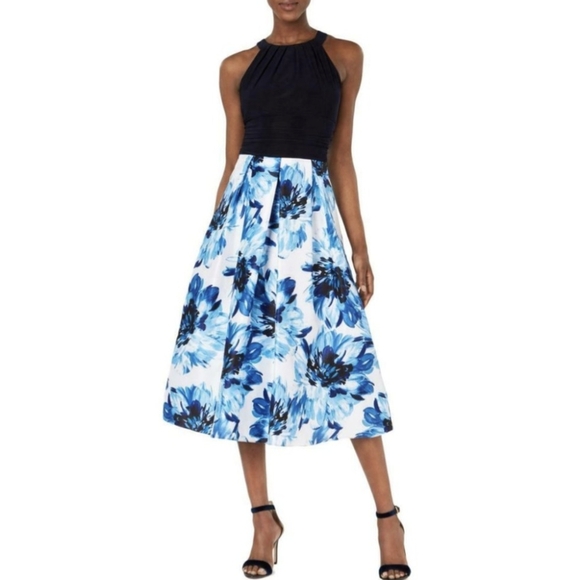 SLNY Blue Sleeveless Floral Halter Dress - Picture 1 of 9